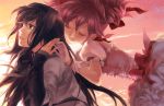  akemi_homura bird black_eyes black_hair closed_eyes eyes_closed gloves hairband kaname_madoka long_hair magical_girl mahou_shoujo_madoka_magica mou-s multiple_girls pink_hair ribbon short_hair sunlight sunset touching twintails white_gloves 