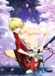  bare_shoulders barefoot blonde_hair cherry_blossoms inaru ivan_karelin japanese_clothes katana male night night_sky purple_eyes sky solo sword tiger_&amp;_bunny violet_eyes weapon 