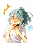  1boy aki_(neyuki41028) blue_hair blush brown_eyes hair_over_one_eye inazuma_eleven inazuma_eleven_(series) kazemaru_ichirouta long_hair male ponytail short_sleeves surprised trap wavy_mouth white_background 