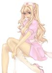  1girl blonde_hair blue_eyes blush breasts cleavage dress hat high_heels long_hair macross macross_frontier macross_frontier:_sayonara_no_tsubasa michudx no_bra nurse nurse_cap pink_dress sheryl_nome shoes simple_background solo white_legwear 