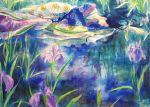  black_hair closed_eyes eyes_closed flower highres japanese_clothes kimono long_hair lying original outstretched_arm oyabin_(shikouann) reflection solo traditional_media water watercolor_(medium) wide_sleeves 