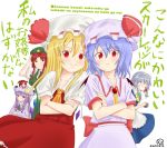  absurdres blood blue_eyes bow braid camera can&#039;t_be_this_cute can't_be_this_cute flandre_scarlet hair_bow hat highres hong_meiling izayoi_sakuya koakuma long_hair multiple_girls nosebleed open_mouth ore_no_imouto_ga_konna_ni_kawaii_wake_ga_nai parody patchouli_knowledge red_eyes red_hair redhead remilia_scarlet short_hair silver_hair smile touhou translation_request twin_braids upda wings 