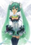  alternate_costume banana flower food fruit green_eyes green_hair hair_flower hair_ornament hatsune_miku hatsune_miku_(append) headphones hjl long_hair miku_append open_mouth outstretched_arms solo thigh-highs thigh_gap thighhighs thighs twintails very_long_hair vocaloid vocaloid_append 
