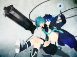  aqua_eyes aqua_hair black_hair black_rock_shooter black_rock_shooter_ black_rock_shooter_(character) blue_eyes carrying chain chains frown genderswap gloves hatsune_mikuo headphones male multiple_boys princess_carry short_hair smile vocaloid yaoi yin2000 