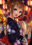  blonde_hair blue_eyes blush candy_apple face festival fish goldfish japanese_clothes kimono looking_at_viewer open_mouth original pisuke tongue tongue_out water 