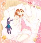  1boy akane_(goma) animal_ears bed boy brown_eyes brown_hair bunny bunny_ears futon goma_(11zihisin) hat hood hoodie looking_at_viewer lying male midriff navel on_side open_mouth original pillow rabbit short_hair shorts solo souta_(goma) stuffed_animal stuffed_toy top_hat trap waking_up wink yellow_eyes 