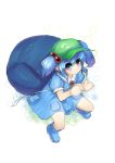  1girl backpack bag blue_eyes blue_hair danbo_(rock_clime) hair_bobbles hair_ornament hat kawashiro_nitori solo touhou twintails 