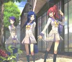  3girls aida_mana bag blue_eyes blue_hair dokidoki!_precure flower hishikawa_rikka kenzaki_makoto kneehighs long_hair multiple_girls precure purple_hair red_eyes redhead rose school_uniform smile toromi_chuuka tree violet_eyes 