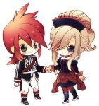  1girl alternate_costume blue_eyes boots brown_hair chibi couple dress green_eyes hair_over_one_eye hand_holding holding_hands long_hair luke_fon_fabre maid maid_headdress red_hair redhead tales_of_(series) tales_of_the_abyss tear_grants yugupo 