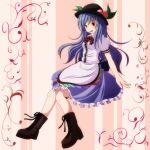  blue_hair blush boots cross-laced_footwear food fruit hat highres hinanawi_tenshi lace-up_boots long_hair open_mouth peach red_eyes s-syogo simple_background skirt solo touhou 