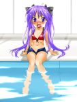  bikini bikini_top blue_eyes blush denim denim_shorts feet_in_water highres hiiragi_kagami kamia_(not_found) long_hair lucky_star not_found_(artist) open_fly pool poolside purple_hair shorts soaking_feet sweatdrop swimsuit twintails unzipped very_long_hair water 