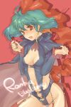  ahoge blush breasts cleavage cleavage_cutout cosplay fang garter_straps green_hair macross macross_frontier macross_frontier:_itsuwari_no_utahime michudx nail_polish navel open_mouth ranka_lee red_eyes sheryl_nome sheryl_nome_(cosplay) short_hair simple_background solo thighhighs 