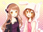  1girl 2girls :d akane_(goma) akira_(goma) animal_costume animal_ears brother_and_sister brown_hair bunny_costume bunny_ears casual collarbone flower goma_(11zihisin) gradient gradient_background hairband hoodie long_hair multiple_girls open_mouth original polka_dot polka_dot_background ribbon short_hair siblings smile trap twins yellow_eyes 