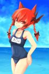  animal_ears braid cat_ears hosoi_kouzou kaenbyou_rin one-piece_swimsuit red_eyes red_hair redhead school_swimsuit solo swimsuit touhou 