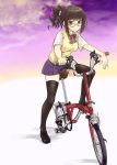  1girl bicycle black_legwear brown_eyes brown_hair glasses kazu legs ponytail school_uniform skirt solo sweater_vest thighhighs zettai_ryouiki 