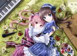  blue_eyes copyright_request flower hairband hug lolita_fashion long_hair looking_at_viewer lying microphone multiple_girls piano red_eyes strawberry valen7777 