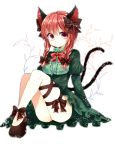  animal_ears bad_id bare_legs bowtie braid cat_ears cat_tail kaenbyou_rin kanzaki_maguro legs long_hair looking_at_viewer maguro_(gulen-x) multiple_tails no_panties no_socks pumps red_eyes red_hair redhead ribbon simple_background sitting solo tail thigh_ribbon thighs touhou twin_braids 