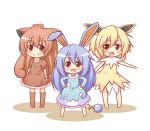  animal_ears azumarill blonde_hair blue_eyes blue_hair blush_stickers bunny_ears character_request chibi dress fang hands_on_hips jolteon kohsan_ kousa_(black_tea) long_hair moemon multiple_girls open_mouth personification pokemon red_eyes red_hair redhead shadow simple_background smile tail vulpix wrist_cuffs yellow_eyes 