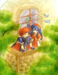  armor balcony belt birds blue_eyes blue_hair book cape castle fingerless_gloves fire_emblem fire_emblem:_fuuin_no_tsurugi gloves green_hair grey_hair headband jewelry lilina long_hair marcus_(fire_emblem) red-50869 redhead roy smile trees window wolt 