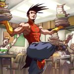  balancing bridal_gauntlets capcom chair chinese_clothes dishes frown halter_top halterneck index_finger_raised joe_ng multiple_boys muscle muscles open_mouth outstretched_arms raised_finger raised_hand restaurant shoes sitting sleeveless sneakers spiked_hair spread_arms standing_on_one_leg street_fighter street_fighter_iii udon_eantertainment yang_lee 