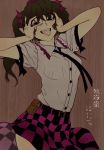  :p belt brown_eyes brown_hair case cellphone checkered checkered_skirt face fang fangs hand_on_head hands hands_on_face hands_on_own_face hat highres himekaidou_hatate long_hair necktie open_mouth phone pointy_ears shiba_itsuki skirt solo tokin_hat tongue touhou twintails 