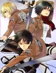  1girl 2boys armin_arlert belt black_eyes black_hair blonde_hair blue_eyes boots dual_wielding eren_jaeger green_eyes jacket kanameyura long_sleeves mikasa_ackerman multiple_boys pants scarf shingeki_no_kyojin short_hair sword thigh_strap three-dimensional_maneuver_gear weapon 