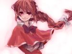  1girl bow braid bust capelet crossed_arms face floating_hair highres lips looking_at_viewer meiji_(charisma_serve) okazaki_yumemi red_eyes red_hair single_braid smile solo touhou touhou_(pc-98) wind 