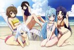  beach bikini bow clouds denpa_onna_to_seishun_otoko hoshimiya_yashiro maekawa megami mifune_ryuuko ribbons school_swimsuit sky swimsuit touwa_erio touwa_meme water 