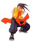  baggy_pants bridal_gauntlets brown_hair chinese_clothes fighting_stance male muscle shoes simple_background sneakers solo street_fighter street_fighter_iii white_background yang_lee 