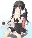  blue_eyes blush cup dress hands_together highres long_hair open_mouth original retorillo signa_(retorillo) sitting solo sweat twintails 