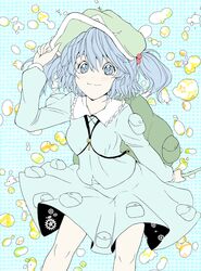  backpack bag blue_eyes blue_hair breasts gears hair_bobbles hair_ornament hat hat_tip kawashiro_nitori key randoseru sabiirodoramu short_hair skirt smile solo touhou twintails 