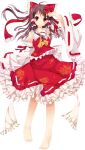  absurdres ahoge ascot barefoot blush bow brown_hair detached_sleeves feet flower frills gathers hair_bow hair_flower hair_ornament hair_tubes hakurei_reimu highres long_hair miko multicolored_eyes nironiro red_eyes ruffles simple_background skirt smile solo touhou 