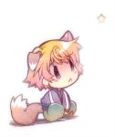  :&lt; animal_ears background blonde_hair blush_stickers chibi fox_ears fox_tail ivan_karelin jacket kemonomimi_mode letterman_jacket male nekomimi_mode purple_eyes purple_jacket short_hair silhouette_sakura simple_background solo star tail tiger_&amp;_bunny violet_eyes white_background 