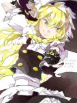  as_(mememi) blonde_hair buckle drawr elbow_gloves fingerless_gloves foreshortening gloves hand_on_hat hands hat kirisame_marisa oekaki outstretched_arm simple_background smile smirk solo touhou yellow_eyes 