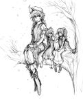  bad_id bow cirno daiyousei hair_bow hat in_tree kurkoboltsi letty_whiterock long_hair minigirl monochrome multiple_girls sitting sitting_in_tree sketch snow touhou traditional_media tree wings winter 