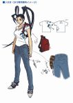  antenna_hair bag black_hair breasts casual concept_art high_heels ibuki jeans kunai large_breasts long_hair ponytail raccoon_tail shoes sneakers street_fighter street_fighter_iv t-shirt tail weapon 