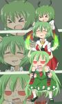  ^_^ antenna_hair antennae ascot cape carrying closed_eyes dai_(touhou_handdrawn) dress ex-keine eyes_closed fangs gatakiriba_(ooo_combo) green green_hair highres horns human_tower kamen_rider kamen_rider_ooo_(series) kamishirasawa_keine kazami_yuuka long_hair mary_janes open_mouth plaid plaid_skirt plaid_vest red_eyes shaded_face sharp_teeth shoes short_hair shoulder_carry skirt skirt_set stacking sweat tartan tears totem_pole touhou wriggle_nightbug youkai zoom_layer 