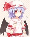  bat_wings blue_hair blush flat_chest hands_on_own_chest hands_to_chest hat na_s nazuka_(mikkamisaki) red_eyes remilia_scarlet short_hair solo touhou wings wrist_cuffs 