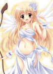  1girl angel_wings bare_shoulders blonde_hair blush bow_(weapon) collarbone exe_(xe) flower hair_flower hair_ornament long_hair navel open_mouth original smile solo weapon white_wings wings wrist_cuffs yellow_eyes 