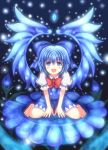  blue_eyes blue_hair blush_stickers bow cirno crystal dress flower gem gidoh01 hair_bow looking_up plant rose short_sleeves sitting solo touhou wings 