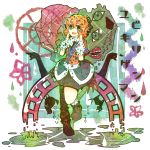  bad_id bird blonde_hair cat eyes green_eyes highres mizuhashi_parsee mouth open_mouth pointy_ears ringetsumon short_hair skirt solo touhou water 