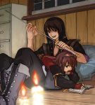  black_eyes black_hair book boots bracelet brown_hair candle cloth fingerless_gloves gloves goggles goggles_on_head green_eyes jewelry long_hair pants pen pillow rita_mordio sababou short_hair sitting smile sword tales_of_(series) tales_of_vesperia weapon yuri_lowell 