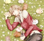  barnaby_brooks_jr blonde_hair bunny field flower glasses jacket lying male rabbit sakita solo tiger_&amp;_bunny 