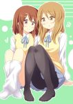  black_legwear brown_eyes brown_hair cosplay costume_switch dekosuke extra footwear hirasawa_yui k-on! long_hair loose_socks multiple_girls pantyhose school_uniform short_hair side-by-side socks sweater_vest tachibana_himeko white_legwear 