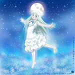  ariga_nao barefoot blue_eyes blush dress full_moon hair_ornament hairclip honma_meiko long_hair moon open_mouth outstretched_arms silver_hair sleeveless smile solo spread_arms 