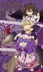  blonde_hair bow brown_hair carrying cellphone crescent dai_(touhou_handdrawn) eyes gap geta hair_ribbon hat highres himekaidou_hatate human_tower kamen_rider kamen_rider_ooo_(series) long_hair multiple_girls pale_face patchouli_knowledge phone piggyback purple purple_eyes purple_hair putotyra_(ooo_combo) ribbon shoulder_carry sitting_on_shoulders smirk stacking tengu-geta touhou trembling twintails violet_eyes wings yakumo_yukari 