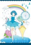  barefoot blue_eyes blue_hair blush character_name cloud flower ghost heterochromia hydrangea leaf puddle rain rainbow red_eyes short_hair skirt solo tatara_kogasa teruterubouzu tongue touhou umbrella watase-ya 