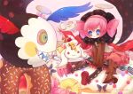  blue_eyes cake charlotte fang food kyubey kyuubee mahou_shoujo_madoka_magica pink_hair sanmi_tenten short_hair wings 