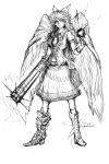  arm_cannon bad_id boots bow cross-laced_footwear hair_bow highres kurkoboltsi lace-up_boots long_hair mismatched_footwear monochrome navel reiuji_utsuho sketch skirt solo third_eye touhou traditional_media weapon wings 
