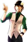  aduman bad_id bracelet brown_eyes brown_hair cabbie_hat facial_hair hand_in_pocket hat jewelry kaburagi_t_kotetsu male necktie simple_background smile solo stubble tiger_&amp;_bunny vest watch white_background wink wristwatch 